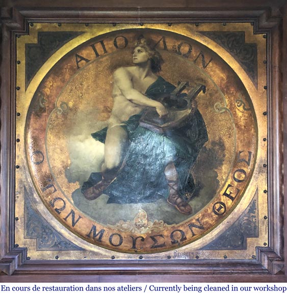Antique walnut fireplace with trumeau decorated with a painting depicting the God Apollo-2