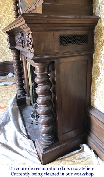 Antique walnut fireplace with trumeau decorated with a painting depicting the God Apollo-8