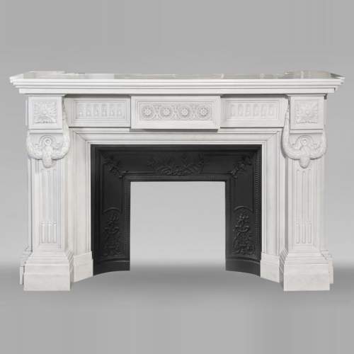 Large Louis XVI style Carrara marble fireplace, featuring fluting and garland ornamentation