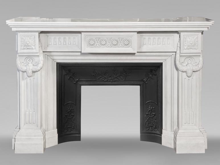 Large Louis XVI style Carrara marble fireplace, featuring fluting and garland ornamentation Large Louis XVI style Carrara marble fireplace, featuring fluting and garland ornamentation-0