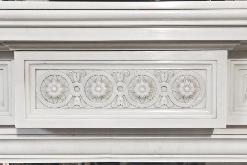 Large Louis XVI style Carrara marble fireplace, featuring fluting and garland ornamentation Large Louis XVI style Carrara marble fireplace, featuring fluting and garland ornamentation-1
