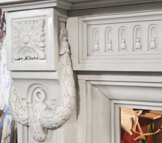 Large Louis XVI style Carrara marble fireplace, featuring fluting and garland ornamentation Large Louis XVI style Carrara marble fireplace, featuring fluting and garland ornamentation-5