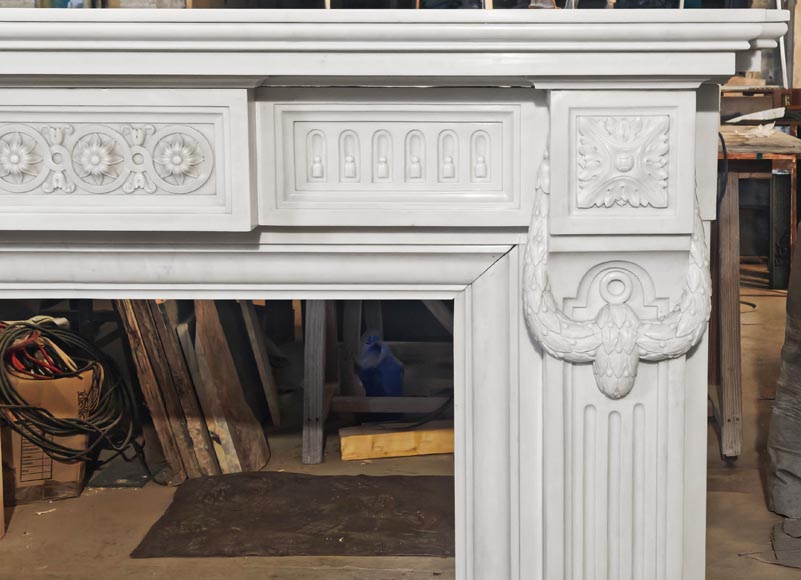 Large Louis XVI style Carrara marble fireplace, featuring fluting and garland ornamentation Large Louis XVI style Carrara marble fireplace, featuring fluting and garland ornamentation-9