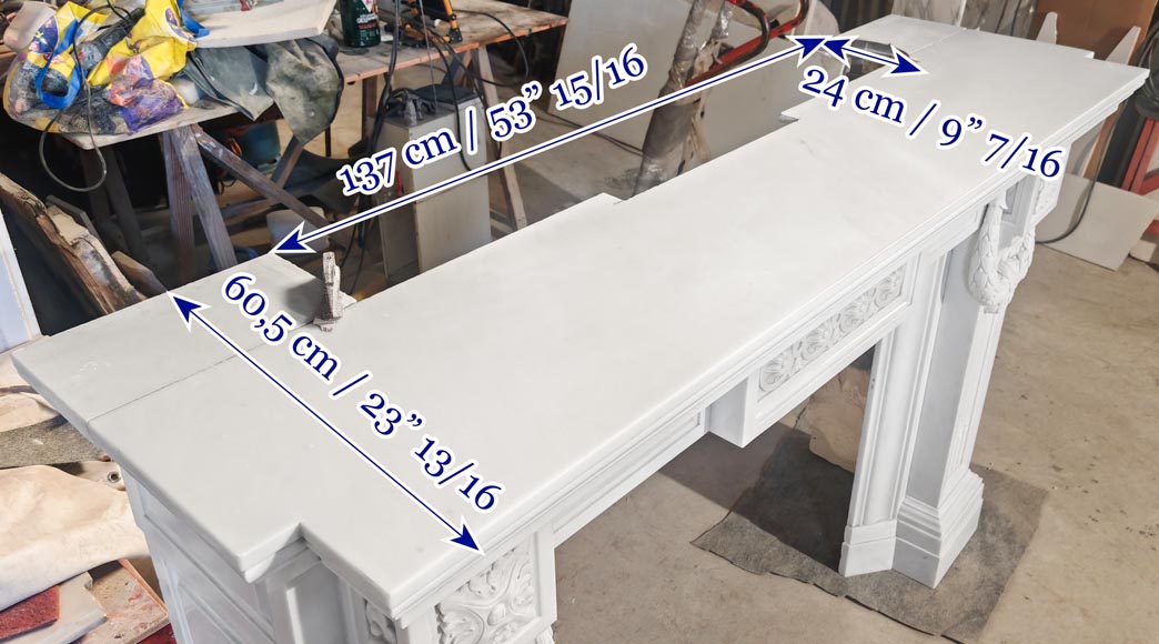 Large Louis XVI style Carrara marble fireplace, featuring fluting and garland ornamentation Large Louis XVI style Carrara marble fireplace, featuring fluting and garland ornamentation-12