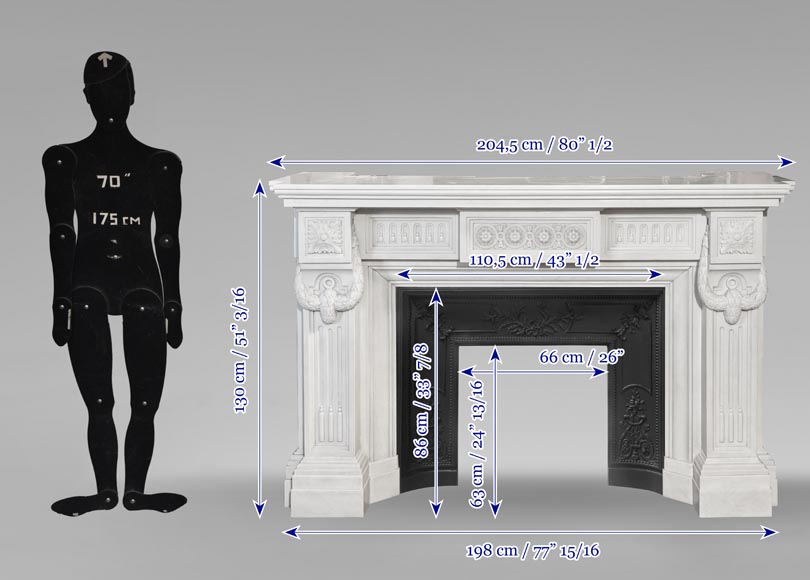 Large Louis XVI style Carrara marble fireplace, featuring fluting and garland ornamentation Large Louis XVI style Carrara marble fireplace, featuring fluting and garland ornamentation-13