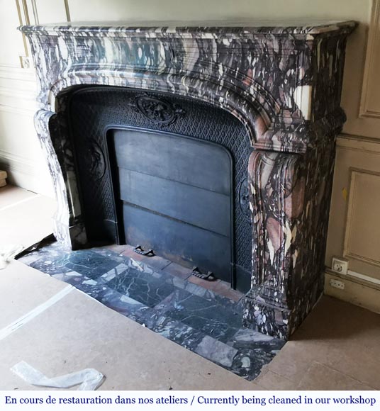 Important antique Regence style mantel in Violet Breccia marble, end of the 19th century-5