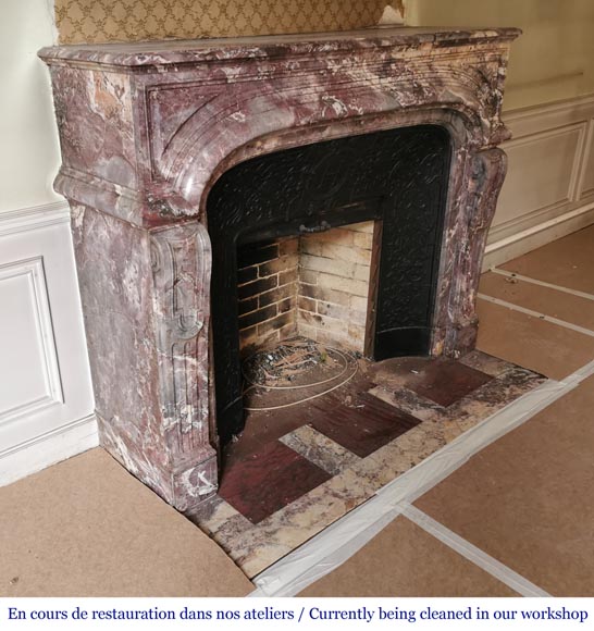 Important antique Regence style mantel in Fleur de pêcher marble-2