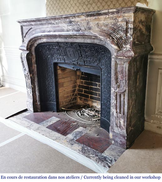 Important antique Regence style mantel in Fleur de pêcher marble-5