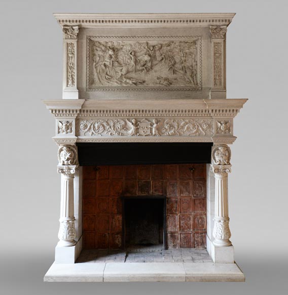 Monumental Neo-Renaissance style stone mantel, with the County of Horne’s coat of arms, circa 1905-0