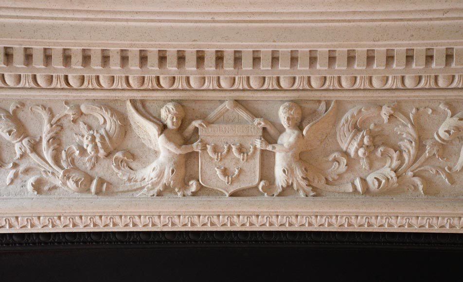 Monumental Neo-Renaissance style stone mantel, with the County of Horne’s coat of arms, circa 1905-1