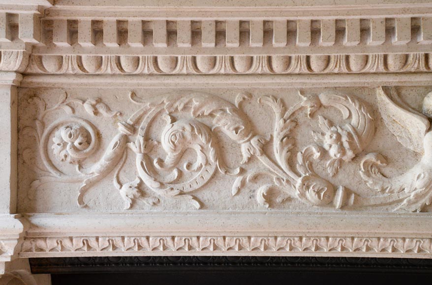 Monumental Neo-Renaissance style stone mantel, with the County of Horne’s coat of arms, circa 1905-2