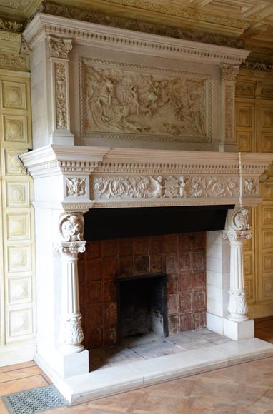 Monumental Neo-Renaissance style stone mantel, with the County of Horne’s coat of arms, circa 1905-3