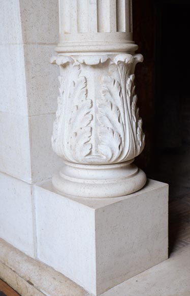 Monumental Neo-Renaissance style stone mantel, with the County of Horne’s coat of arms, circa 1905-6