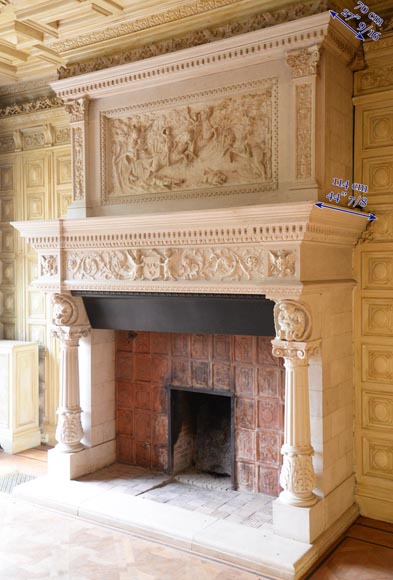 Monumental Neo-Renaissance style stone mantel, with the County of Horne’s coat of arms, circa 1905-7