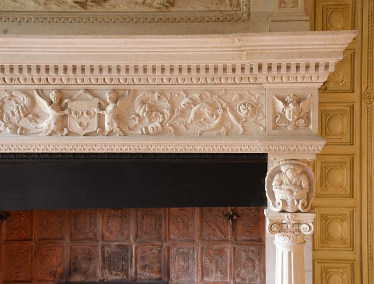 Monumental Neo-Renaissance style stone mantel, with the County of Horne’s coat of arms, circa 1905-8