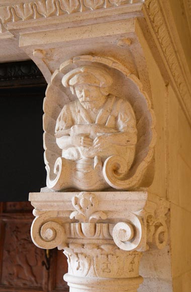 Monumental Neo-Renaissance style stone mantel, with the County of Horne’s coat of arms, circa 1905-9