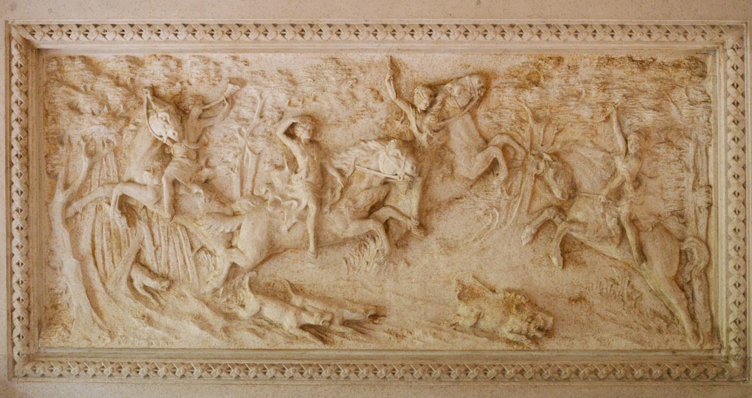 Monumental Neo-Renaissance style stone mantel, with the County of Horne’s coat of arms, circa 1905-11