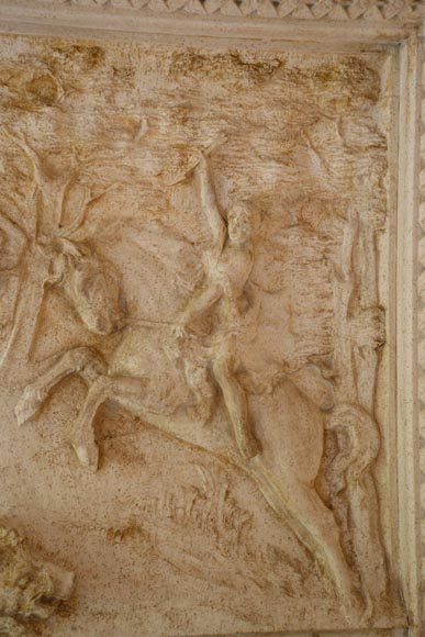 Monumental Neo-Renaissance style stone mantel, with the County of Horne’s coat of arms, circa 1905-14