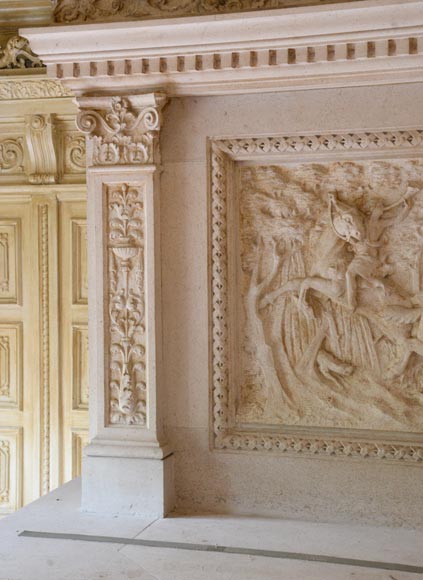 Monumental Neo-Renaissance style stone mantel, with the County of Horne’s coat of arms, circa 1905-15