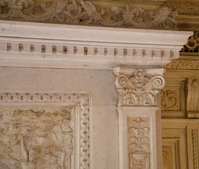 Monumental Neo-Renaissance style stone mantel, with the County of Horne’s coat of arms, circa 1905-16