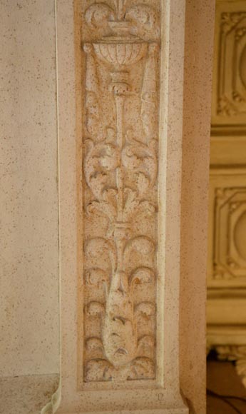 Monumental Neo-Renaissance style stone mantel, with the County of Horne’s coat of arms, circa 1905-17