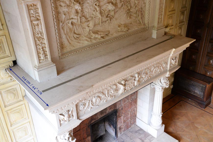 Monumental Neo-Renaissance style stone mantel, with the County of Horne’s coat of arms, circa 1905-18