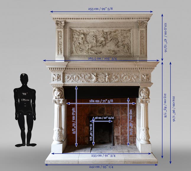 Monumental Neo-Renaissance style stone mantel, with the County of Horne’s coat of arms, circa 1905-21