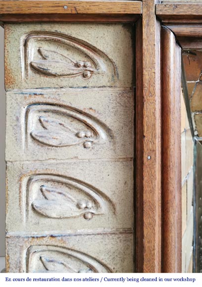 Gentil & Bourdet (attributed to), Antique Art Nouveau oak and stoneware mantel-5