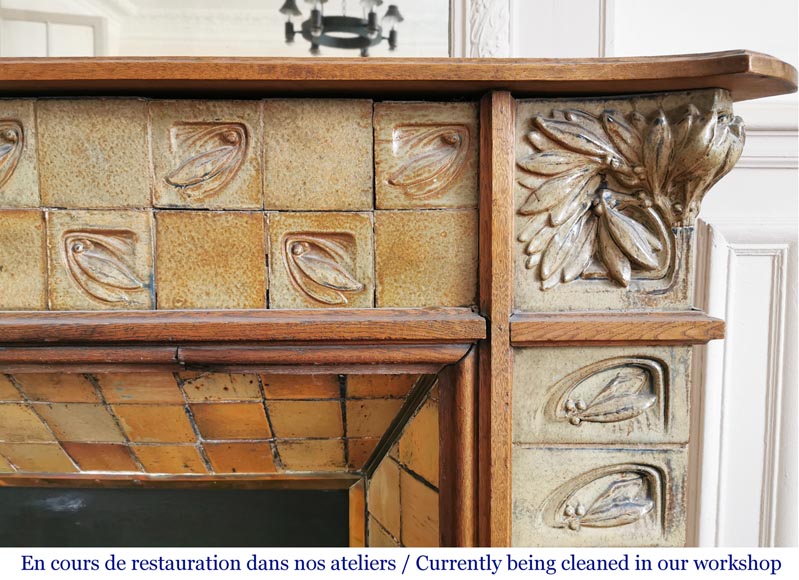 Gentil & Bourdet (attributed to), Antique Art Nouveau oak and stoneware mantel-9