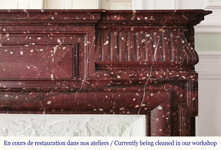 Important Louis XIV style mantel in red Griotte marble with accroterion and bolection -6