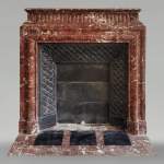 Antique Louis XIV mantel with accoterion in Rouge du Nord marble
