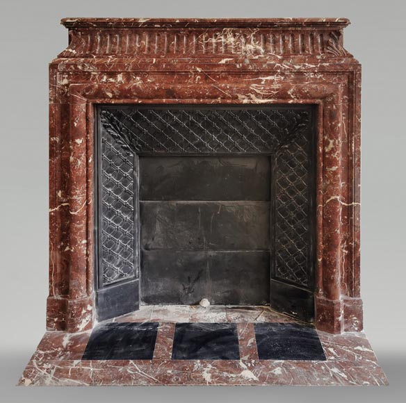 Antique Louis XIV mantel with accoterion in Rouge du Nord marble-0