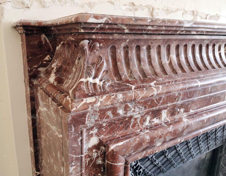 Antique Louis XIV mantel with accoterion in Rouge du Nord marble-3