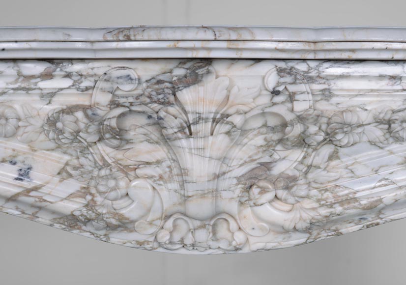 Louis XV style fireplace in Medici Breccia marble with a fleur-de-lys motif in acanthus leaves-1