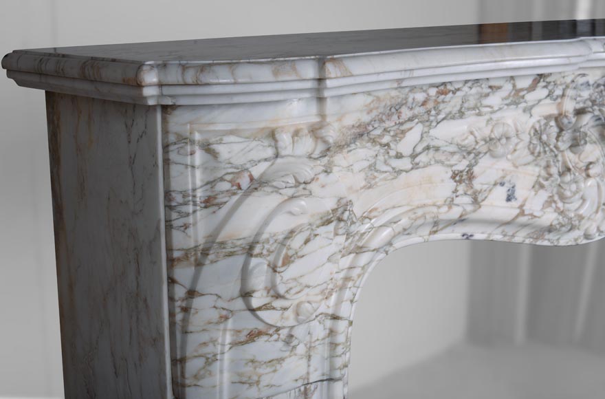 Louis XV style fireplace in Medici Breccia marble with a fleur-de-lys motif in acanthus leaves-5