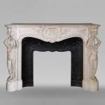 Rich and original Napoleon III fireplace in Carrara marble with caryatids and a man's profile