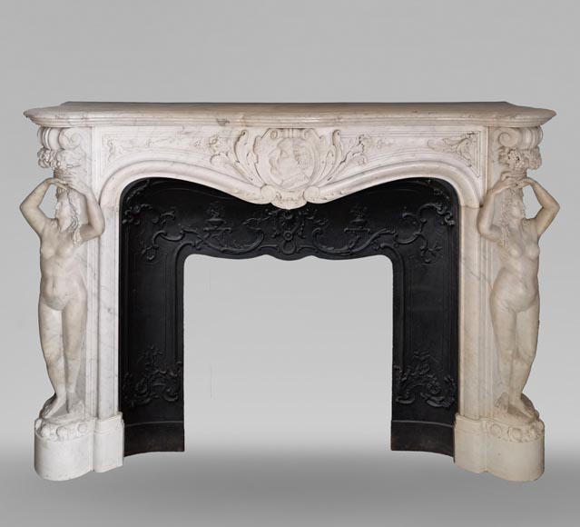 Rich and original Napoleon III fireplace in Carrara marble with caryatids and a man's profile-0