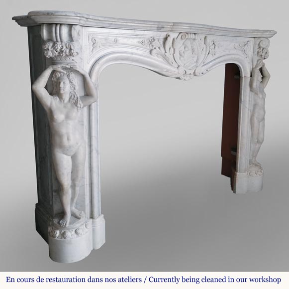 Rich and original Napoleon III fireplace in Carrara marble with caryatids and a man's profile-4
