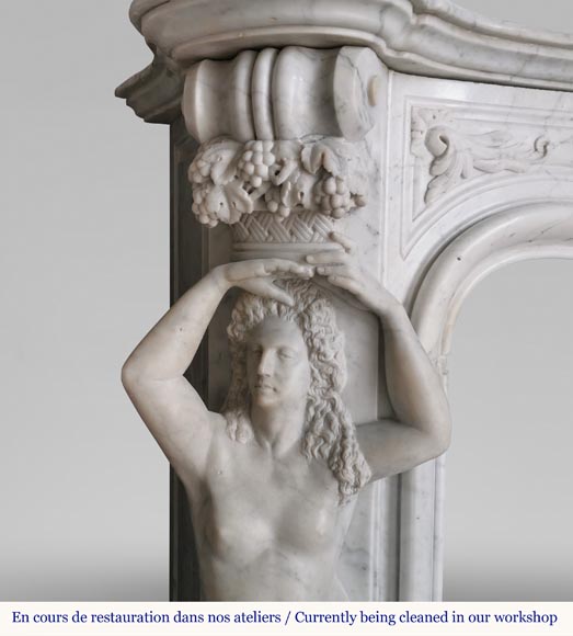Rich and original Napoleon III fireplace in Carrara marble with caryatids and a man's profile-5