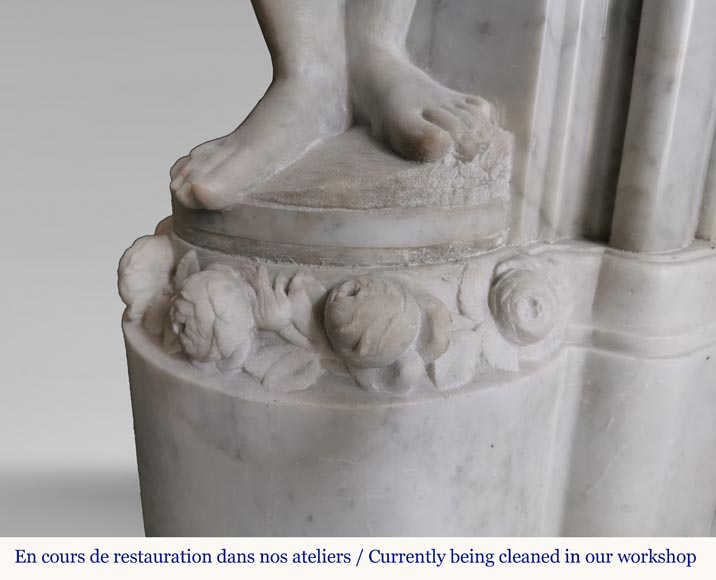 Rich and original Napoleon III fireplace in Carrara marble with caryatids and a man's profile-9