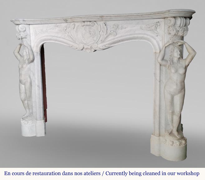 Rich and original Napoleon III fireplace in Carrara marble with caryatids and a man's profile-10