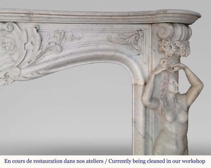 Rich and original Napoleon III fireplace in Carrara marble with caryatids and a man's profile-11