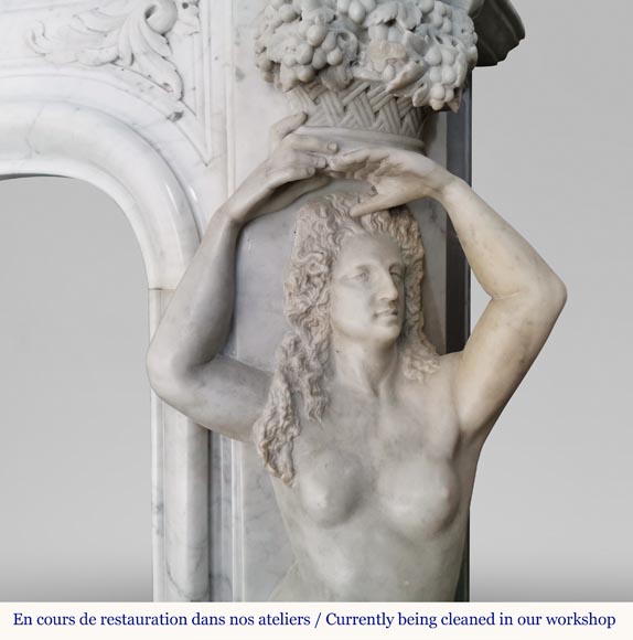 Rich and original Napoleon III fireplace in Carrara marble with caryatids and a man's profile-12