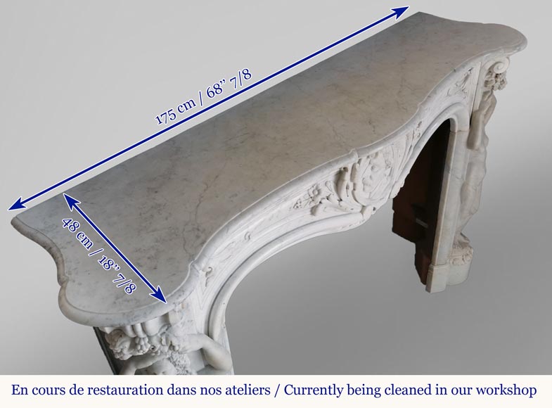 Rich and original Napoleon III fireplace in Carrara marble with caryatids and a man's profile-15