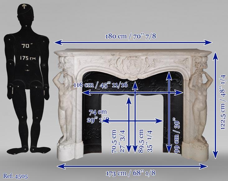 Rich and original Napoleon III fireplace in Carrara marble with caryatids and a man's profile-16