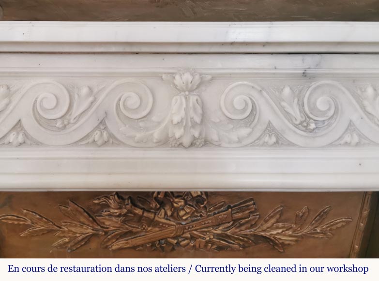 Louis XVI fireplace of white marble with a Greek frieze-1