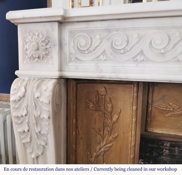 Louis XVI fireplace of white marble with a Greek frieze-4