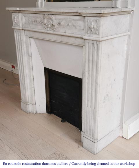 Small antique Louis XVI style fireplace in white Carrara marble-5