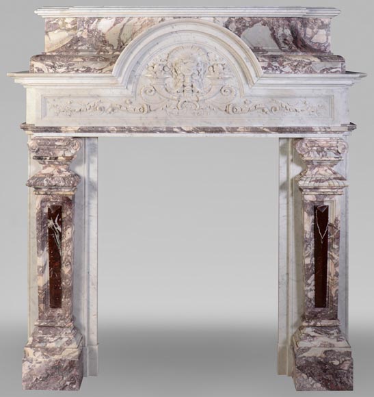 Important Neo-Renaissance fireplace of Carrara, Fleur de Pêcher and Red Griotte marble-0