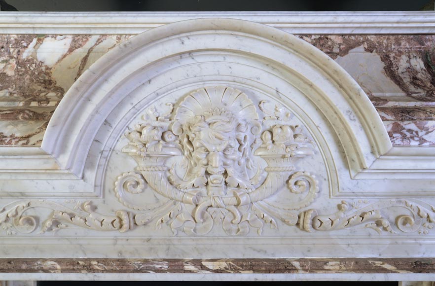 Important Neo-Renaissance fireplace of Carrara, Fleur de Pêcher and Red Griotte marble-1